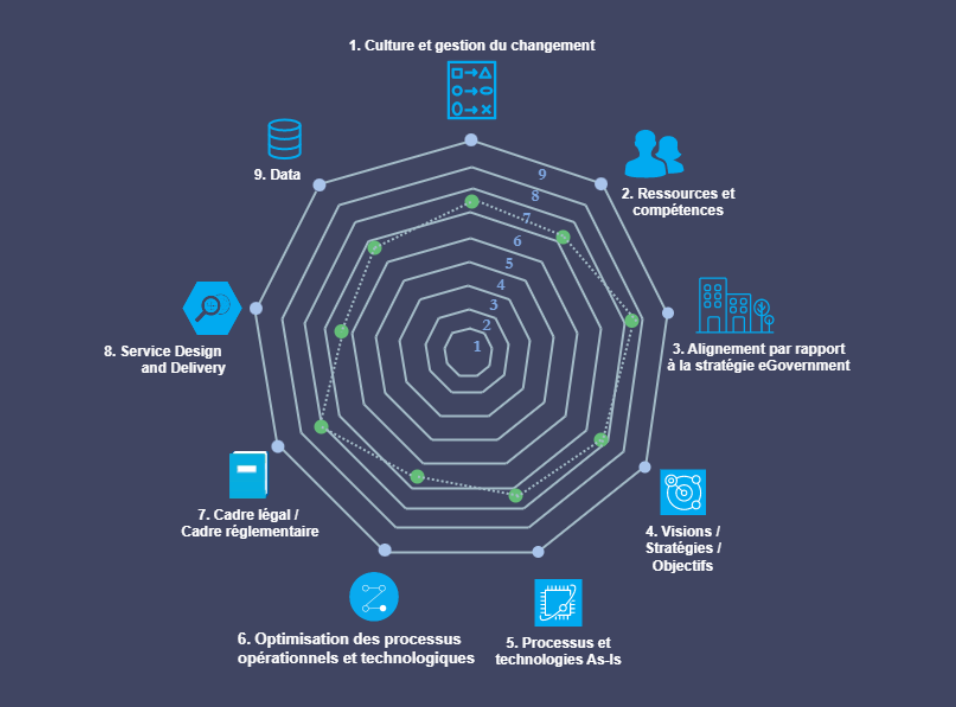 1. culture et gestion du changement, 2. ressources et compétences, 3. alignement par rapport à la stratégie eGovernment, 4. visions/stratégies/objectifs, 5. processus et technologies "As-Is", 6. optimisation des processus opérationnels et technologiques, 7. cadre légal et réglementaire, 8. Service Design and Delivery" 9. données 